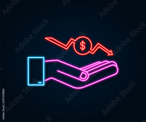 Money loss neon sign in hands. Cash with down arrow stocks graph, concept of financial crisis, market fall, bankruptcy. Vector stock illustration.