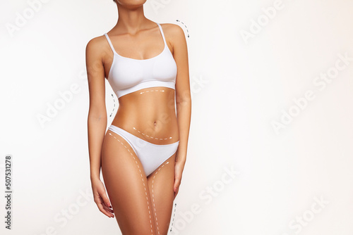Woman beauty, cosmetic surgery and skin liposuction, body care, slender line of a female young body in underwear
