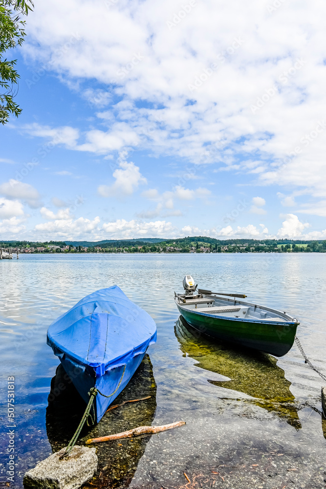 Obraz premium Reichenau, Insel Reichenau, Bodensee, Seeufer, Wasservögel, Naturschutz, Uferweg, Wanderweg, Boote, Fischerboote, Yachthafen, Sommer, Baden-Württemberg, Deutschland