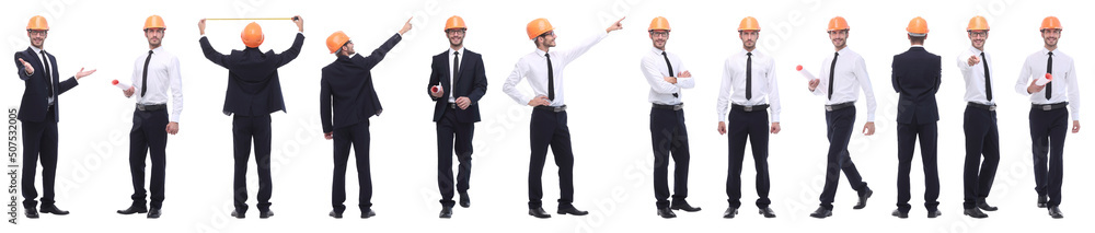 panoramic photo collage of confident architect isolated on white panoramic photo collage of confident architect isolated on white