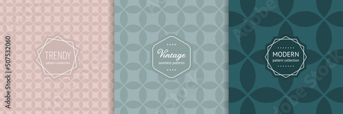 Vector abstract seamless pattern collection with stylish modern minimal labels. Trendy cover designs. Abstract texture with geometric ornament, round grid. Background templates for print, decor, wrap