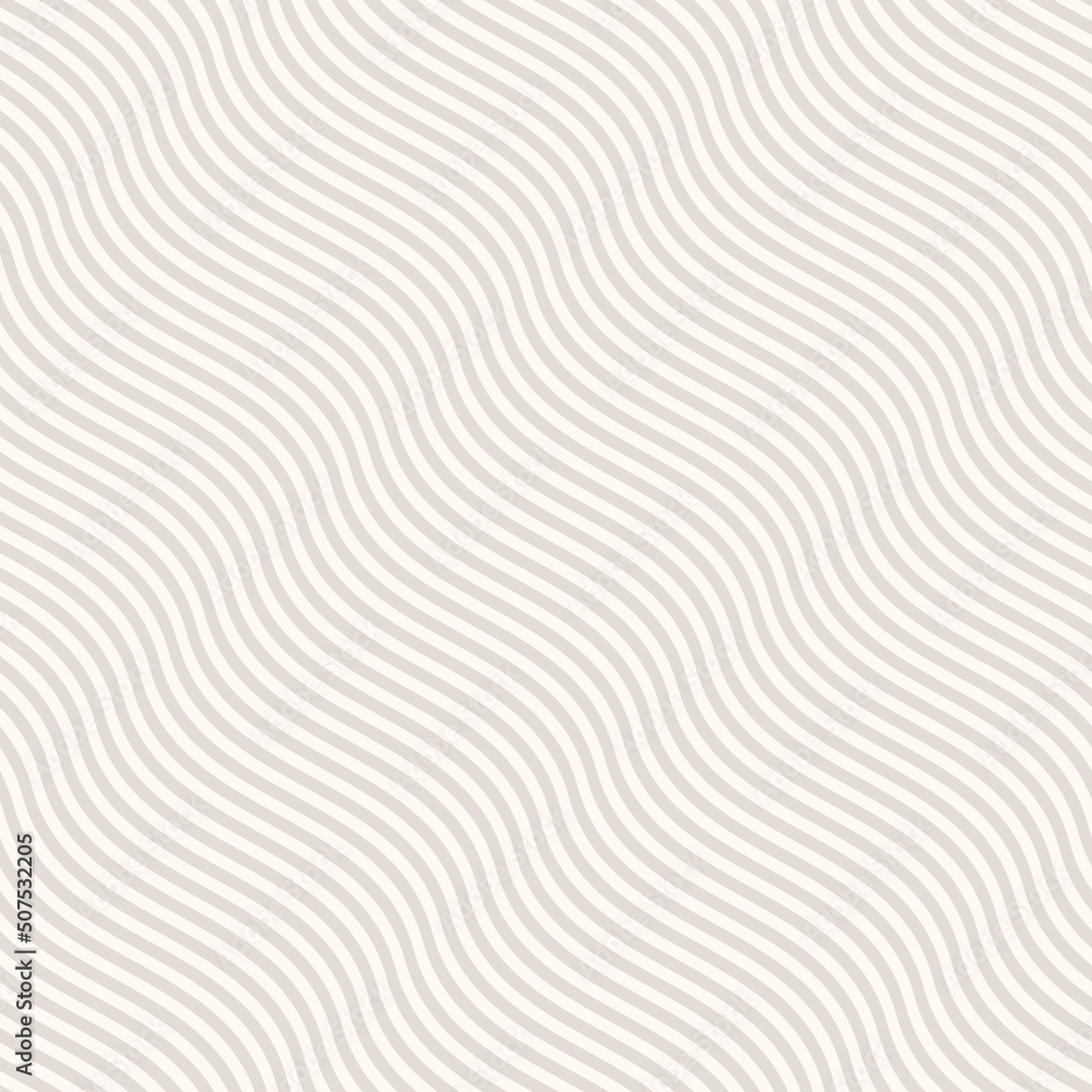 Simple beige and white curvy wavy lines pattern. Vector seamless texture with diagonal waves, stripes. Modern abstract minimal background, optical illusion effect. Repeat design for decor, wallpaper - obrazy, fototapety, plakaty 