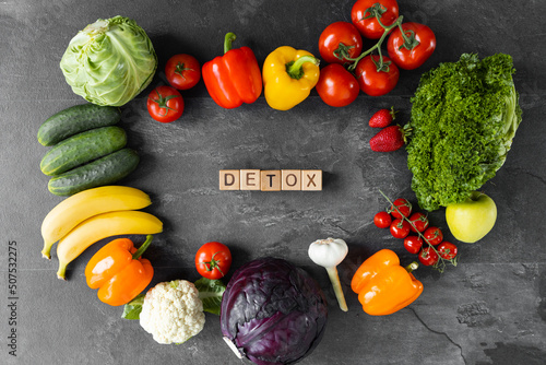 Liver detox diet food concept, fruits, vegetables. Cleansing the body, healthy eating. Top view, flat lay.