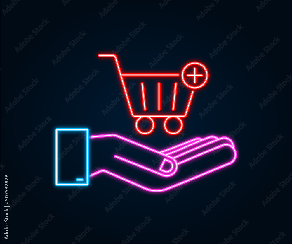 Add to cart neon icon with hands. Shopping Cart icon. Vector illustration.