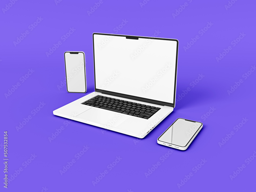 Laptop and Phone smartphone in on white background in minimal style for mockup and responsive website. Blank screen laptop computer, mobile phone 2022. 3D rendered illustration . Laptop and Phone smartphone in on white background in minimal style for mockup and responsive website. Blank screen laptop computer, mobile phone 2022. 3D rendered illustration .