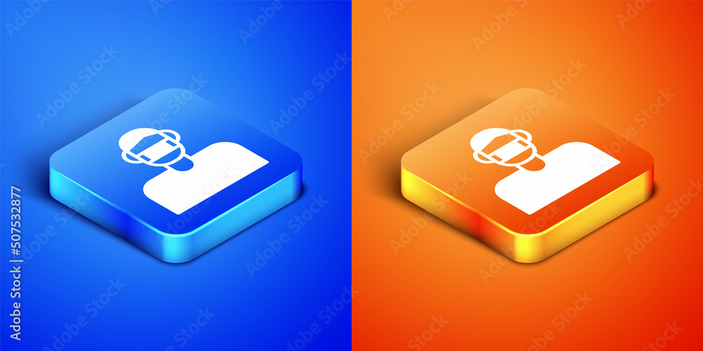 Isometric Man face in a medical protective mask icon isolated on blue and orange background. Quarantine. Square button. Vector Isometric Man face in a medical protective mask icon isolated on blue and orange background. Quarantine. Square button. Vector