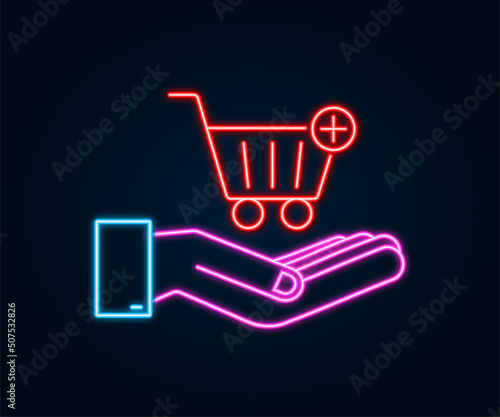 Add to cart neon icon with hands. Shopping Cart icon. Vector illustration.