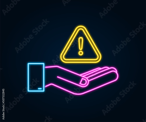 Neon banner with yellow scam alert over hands. Attention sign. Cyber security icon. Caution warning sign sticker. Flat warning symbol. Vector stock illustration.