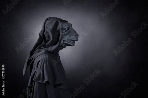 Billede på lærred Reptile in hooded cloak at night over dark misty background