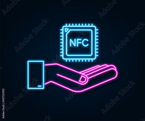 NFC processor neon icon with hands. NFC chip. Near field communication. Vector stock illustration.
