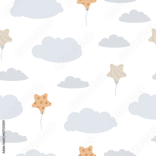 Childish seamless print. Pattern of clouds and balloons in the sky. Pastel shades. Derezhables and balloons with a travel basket. Vector illustration