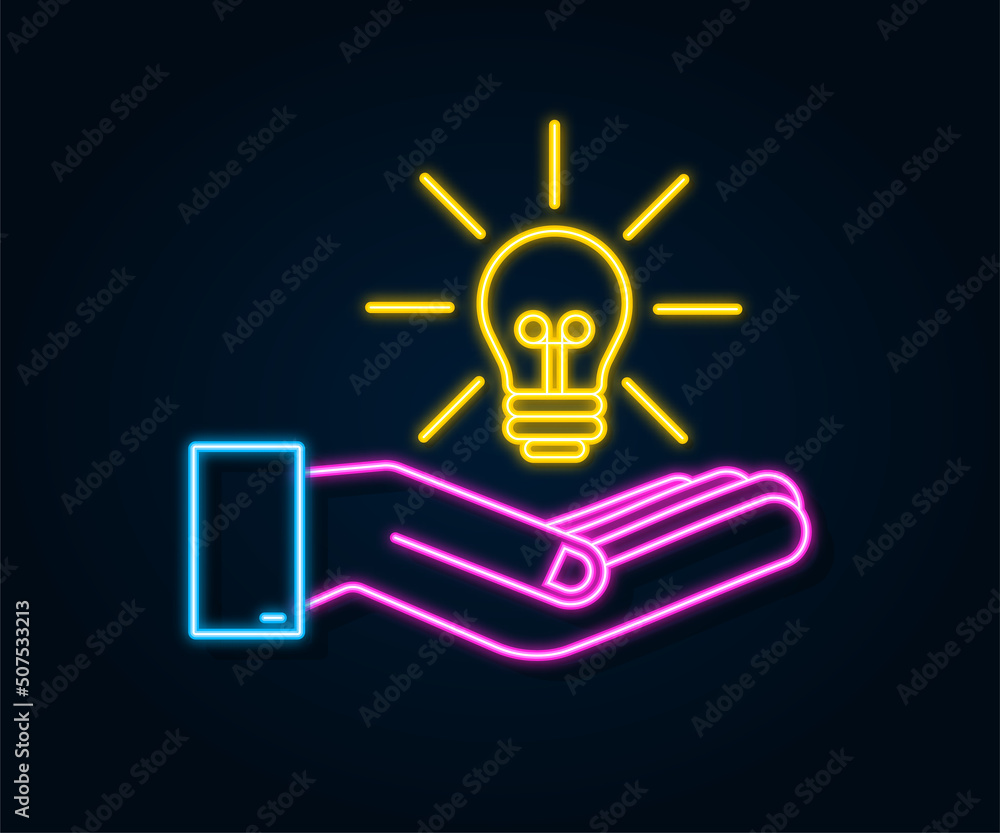 Light bulb neon icon with hands. lamp, incandescent bulb. Vector stock illustration. Light bulb neon icon with hands. lamp, incandescent bulb. Vector stock illustration.