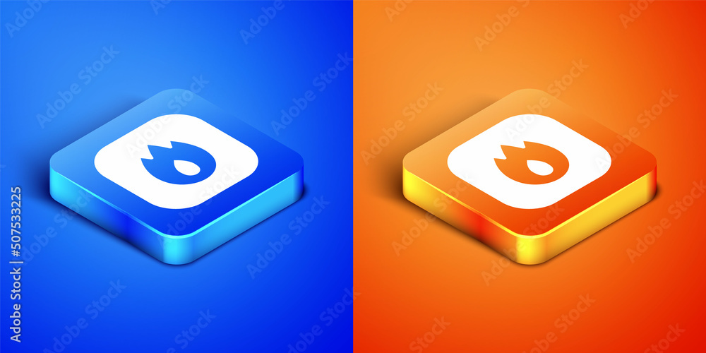 Isometric Fire flame icon isolated on blue and orange background. Square button. Vector Isometric Fire flame icon isolated on blue and orange background. Square button. Vector