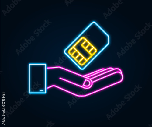Neon Mobile Cellular Phone Sim Card in hands. Chip Isolated on white Background.