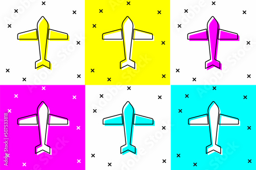 Set Jet fighter icon isolated on color background. Military aircraft. Vector