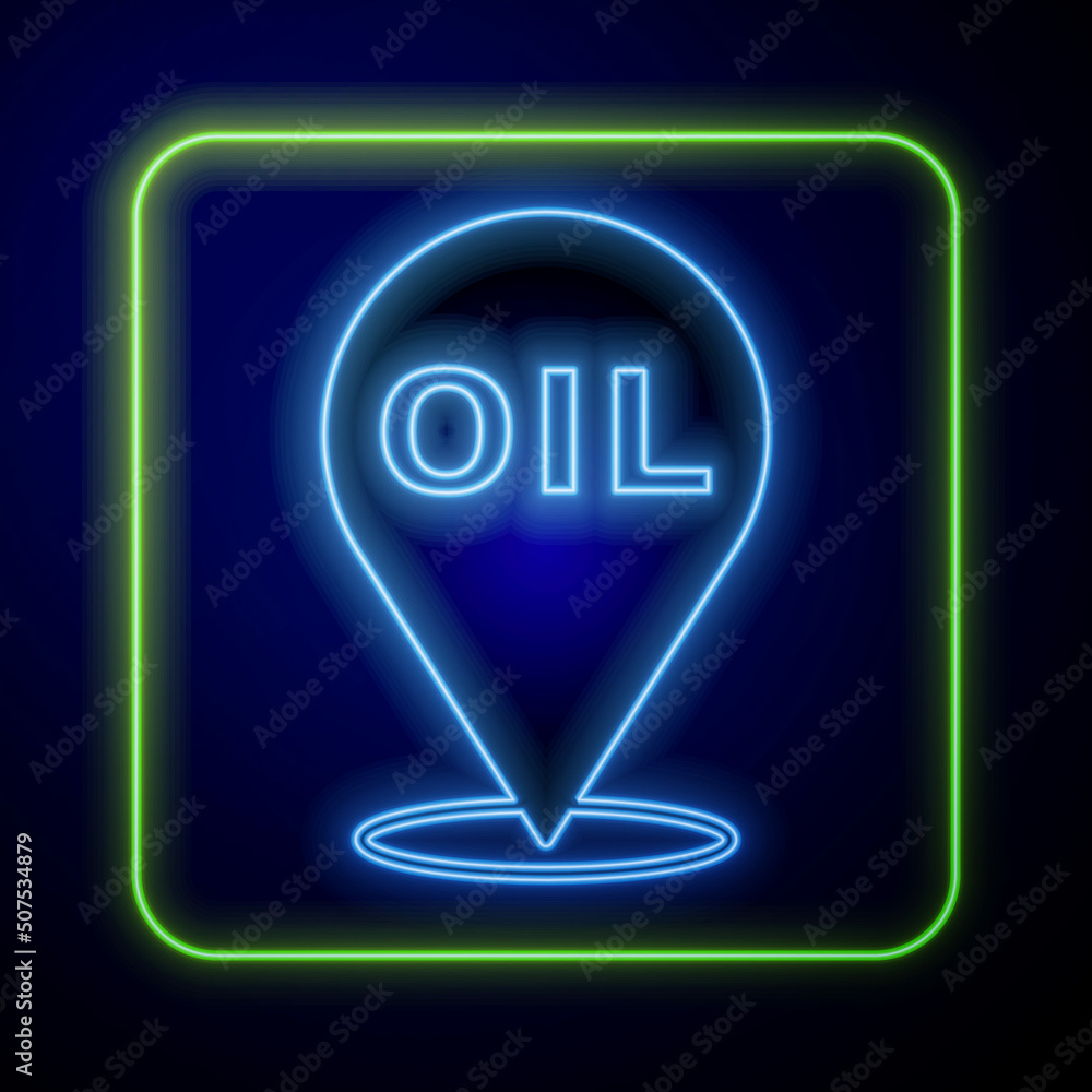 Glowing neon Refill petrol fuel location icon isolated on blue background. Gas station and map pointer. Vector Glowing neon Refill petrol fuel location icon isolated on blue background. Gas station and map pointer. Vector
