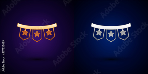 Gold and silver Carnival garland with flags icon isolated on black background. Party pennants for birthday celebration, festival decoration. Vector