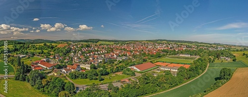 Drone panorama of the southern Hessian municipality of Gross-Bieberau in the Odenwald during the day