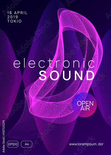 Neon club flyer. Electro dance music. Trance party dj. Electronic sound fest. Techno event poster.