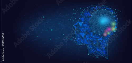 Abstract human head with a line brain network.circle and electricity with blue electronic cycle.Digital data,ai,ascience.Vector Technology background and Artificial intelligence concept.