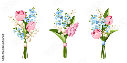 Spring bouquets of pink, blue, and white tulips, hyacinth flowers, forget-me-not flowers, and lily of the valley flowers isolated on a white background. Set of vector illustrations