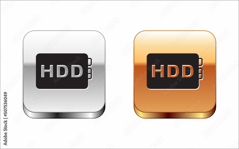 Black Hard disk drive HDD icon isolated on white background. Silver and gold square buttons. Vector Black Hard disk drive HDD icon isolated on white background. Silver and gold square buttons. Vector