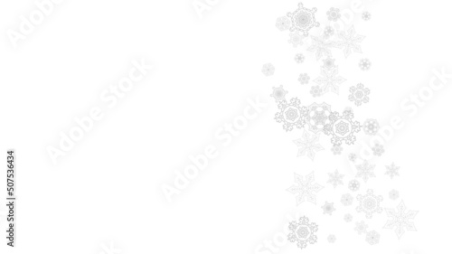 Snowflakes falling on white background. Horizontal Christmas and Happy New Year theme. Silver falling snowflakes for banner, gift card, party invitation, partner compliment and special business offers