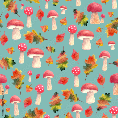 Seamless pattern with mushrooms and autumn leaves on green background, watercolor illustration