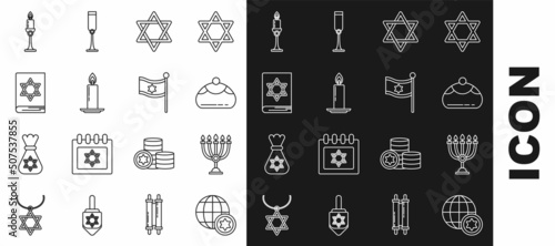 Set line World Globe and Israel, Hanukkah menorah, Jewish sweet bakery, Star of David, Burning candle in candlestick, torah book, and Flag icon. Vector