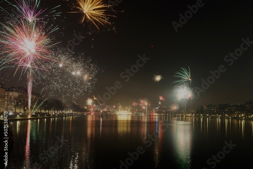 fireworks over the river in Copenhagen Denmark 