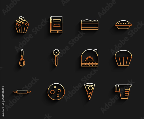 Set line Rolling pin, Cookie or biscuit with chocolate, Cupcake, Slice of pizza, Measuring cup, Pizza knife, Muffin and Brick stove icon. Vector