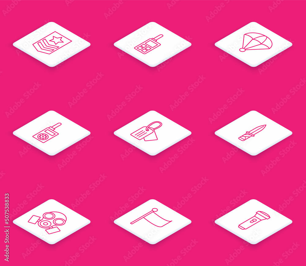 Set line Chevron, Walkie talkie, Parachute, Military dog tag, knife, Gas mask and Flag icon. Vector Set line Chevron, Walkie talkie, Parachute, Military dog tag, knife, Gas mask and Flag icon. Vector