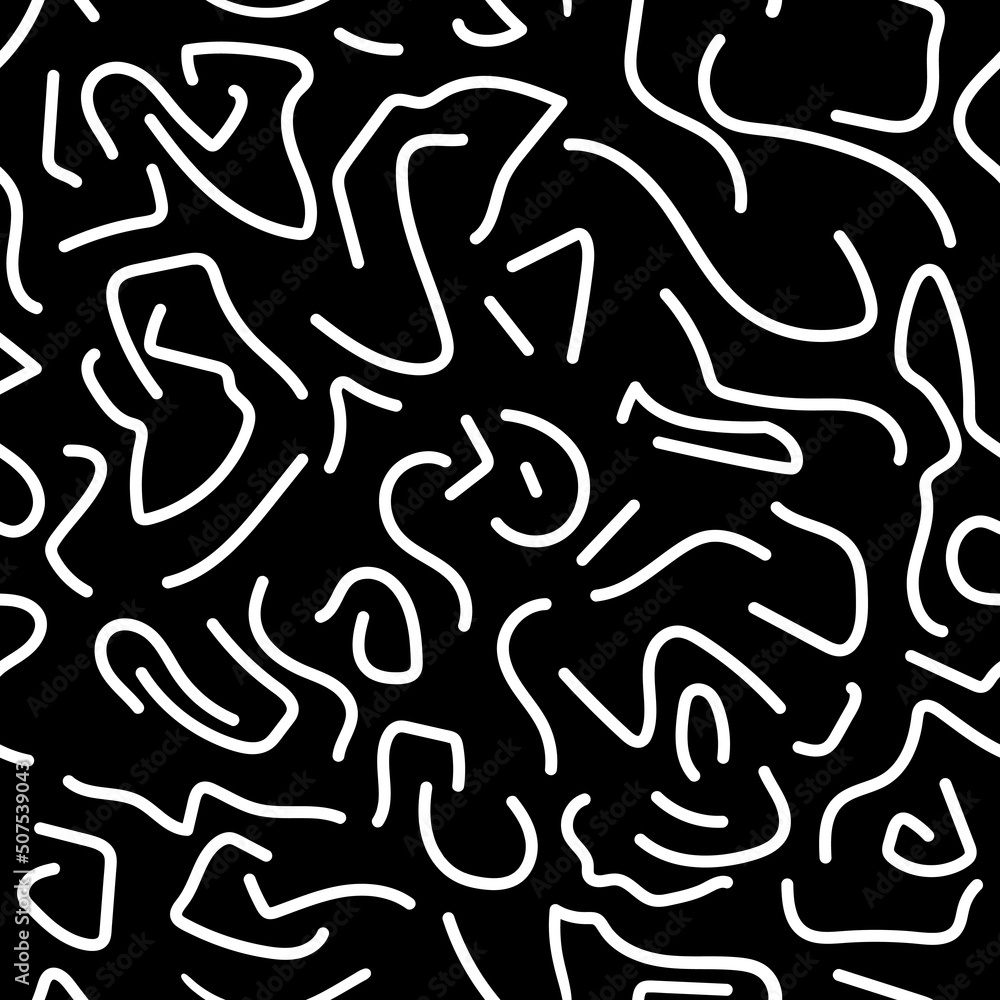 Endless pattern of hand drawn white doodles on black square background in naive style Endless pattern of hand drawn white doodles on black square background in naive style