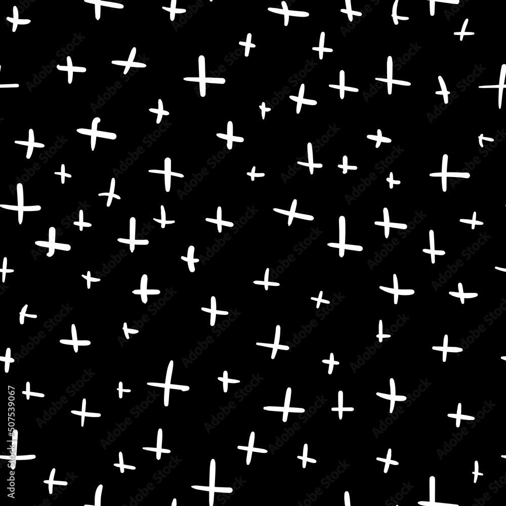 Seamless texture of hand-drawn white crosses on a black square background Seamless texture of hand-drawn white crosses on a black square background