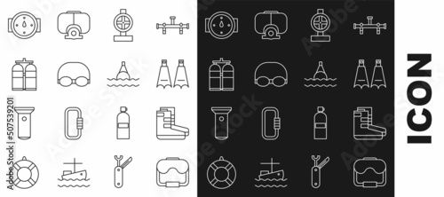 Set line Diving mask, Boots, Rubber flippers for swimming, Industry metallic pipes and valve, Glasses cap, Aqualung, Wind rose and Floating buoy on the sea icon. Vector