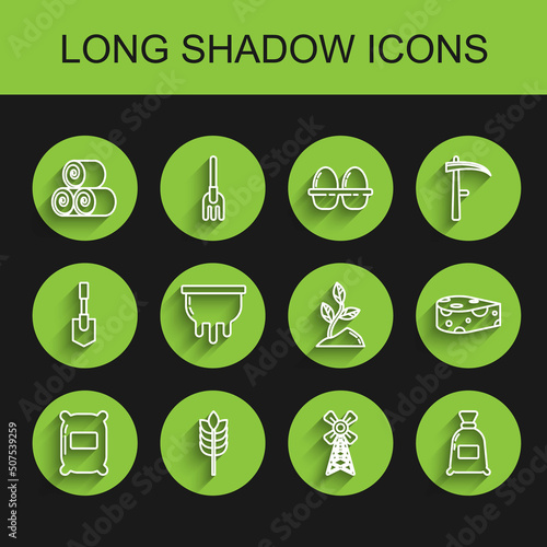 Set line Bag of flour, Cereals with rice, wheat, corn, oats, rye, Roll hay, Windmill, Udder, Cheese and Sprout icon. Vector