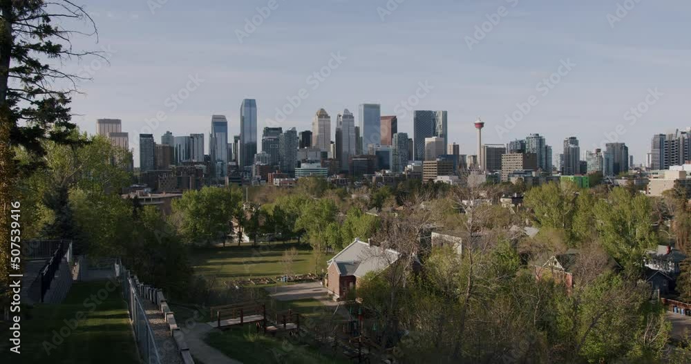 Wide Calgary Downtown Skyline with Calgary Tower, Establishing View of Calgary Alberta, Canada Wide Calgary Downtown Skyline with Calgary Tower, Establishing View of Calgary Alberta, Canada