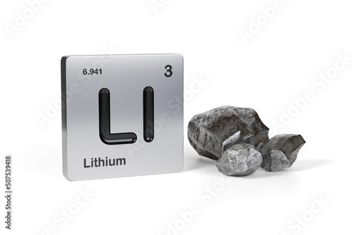 Lithium element symbol from the periodic table near metallic lithium isolated on white background. 3d illustration. photo