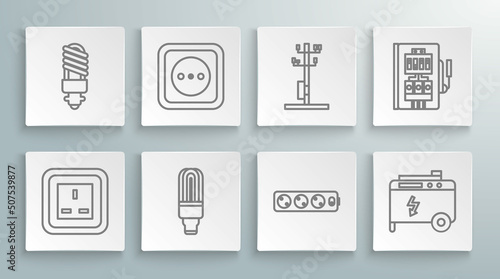 Set line Electrical outlet, LED light bulb, extension cord, Portable power electric generator, High voltage pole line, panel and icon. Vector