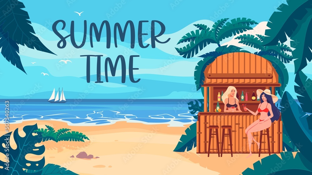 Cartoon banner summer time. Two girls are sitting in a beach bar on a tropical beach.