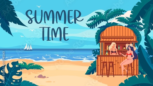 Cartoon banner summer time. Two girls are sitting in a beach bar on a tropical beach.
