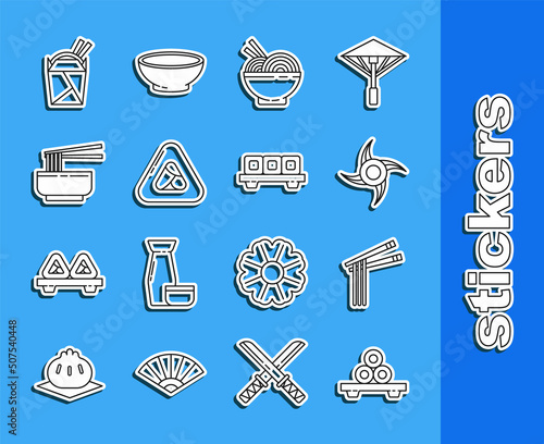 Set line Sushi on cutting board, Asian noodles and chopsticks, Japanese ninja shuriken, bowl, paper box and icon. Vector