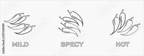 Spicy chili pepper level labels. Vector spicy food mild and extra hot sauce, chili pepper outline icons 