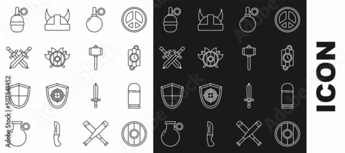 Set line Round wooden shield, Cartridges, dynamite stick and timer clock, Hand grenade, Medieval with crossed axes, Crossed medieval sword, and Battle hammer icon. Vector