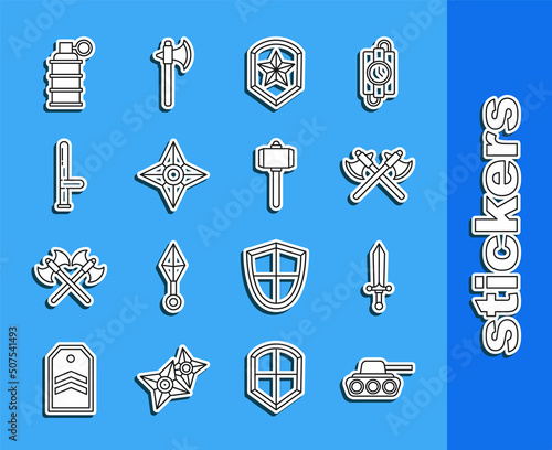 Set line Military tank, Medieval sword, Crossed medieval axes, Police badge, Japanese ninja shuriken, rubber baton, Hand grenade and Battle hammer icon. Vector