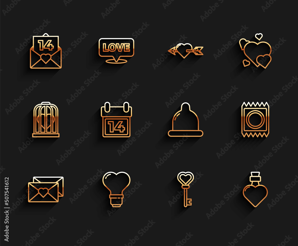 Set line Envelope with Valentine heart, Heart shape light bulb, Key, Bottle love potion, Calendar February 14, Condom package and icon. Vector Set line Envelope with Valentine heart, Heart shape light bulb, Key, Bottle love potion, Calendar February 14, Condom package and icon. Vector