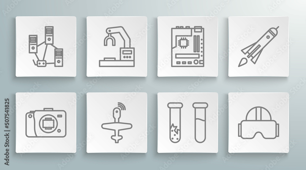 Set line Mirrorless camera, Robotic robot arm hand factory, UAV Drone, Test tube flask, Virtual reality glasses, Motherboard, Rocket ship with fire and Computer network icon. Vector Set line Mirrorless camera, Robotic robot arm hand factory, UAV Drone, Test tube flask, Virtual reality glasses, Motherboard, Rocket ship with fire and Computer network icon. Vector
