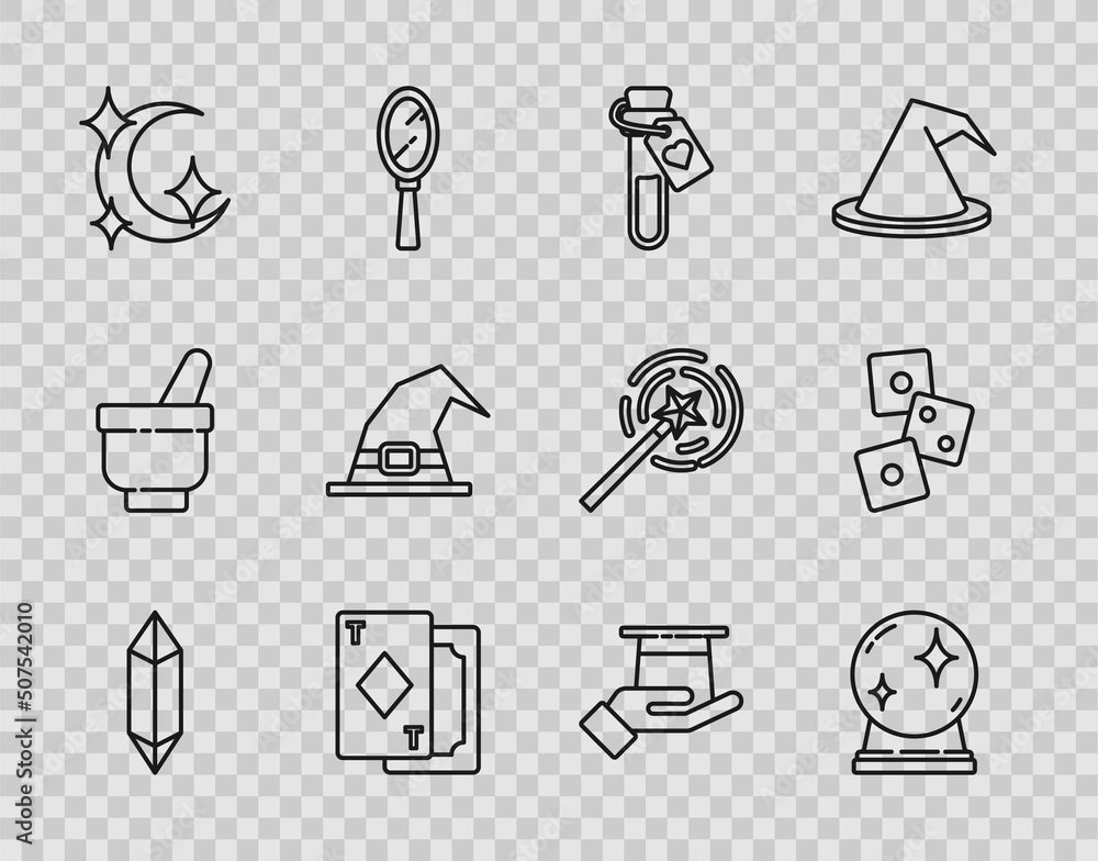 Set line Magic stone, ball, Bottle with love potion, Playing cards, Moon and stars, Witch hat, Magician hand and Game dice icon. Vector Set line Magic stone, ball, Bottle with love potion, Playing cards, Moon and stars, Witch hat, Magician hand and Game dice icon. Vector