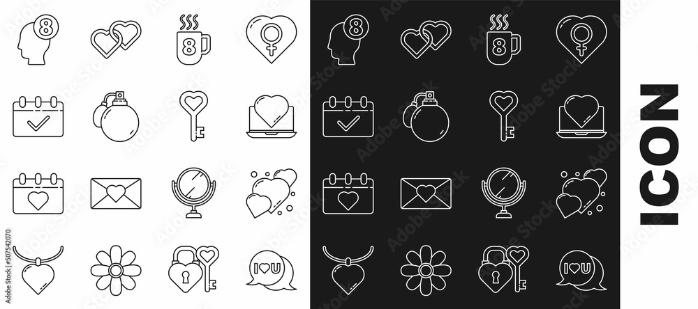 Set line Speech bubble with I love you, Heart, Online dating app and chat, Coffee cup 8 March, Perfume, Calendar, human head and Key heart shape icon. Vector Set line Speech bubble with I love you, Heart, Online dating app and chat, Coffee cup 8 March, Perfume, Calendar, human head and Key heart shape icon. Vector