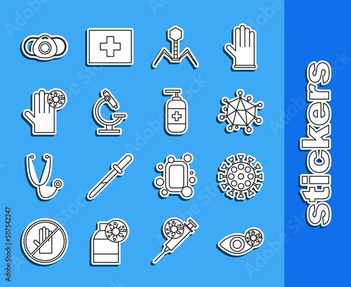 Set line Reddish eye due to virus, Virus, Bacteria bacteriophage, Microscope, Hand with, Medical protective mask and Bottle of liquid antibacterial soap icon. Vector